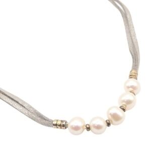 Lucas Lameth Baroque Pearls and 925 Silver Grey Suede Choker Necklace Adjustable